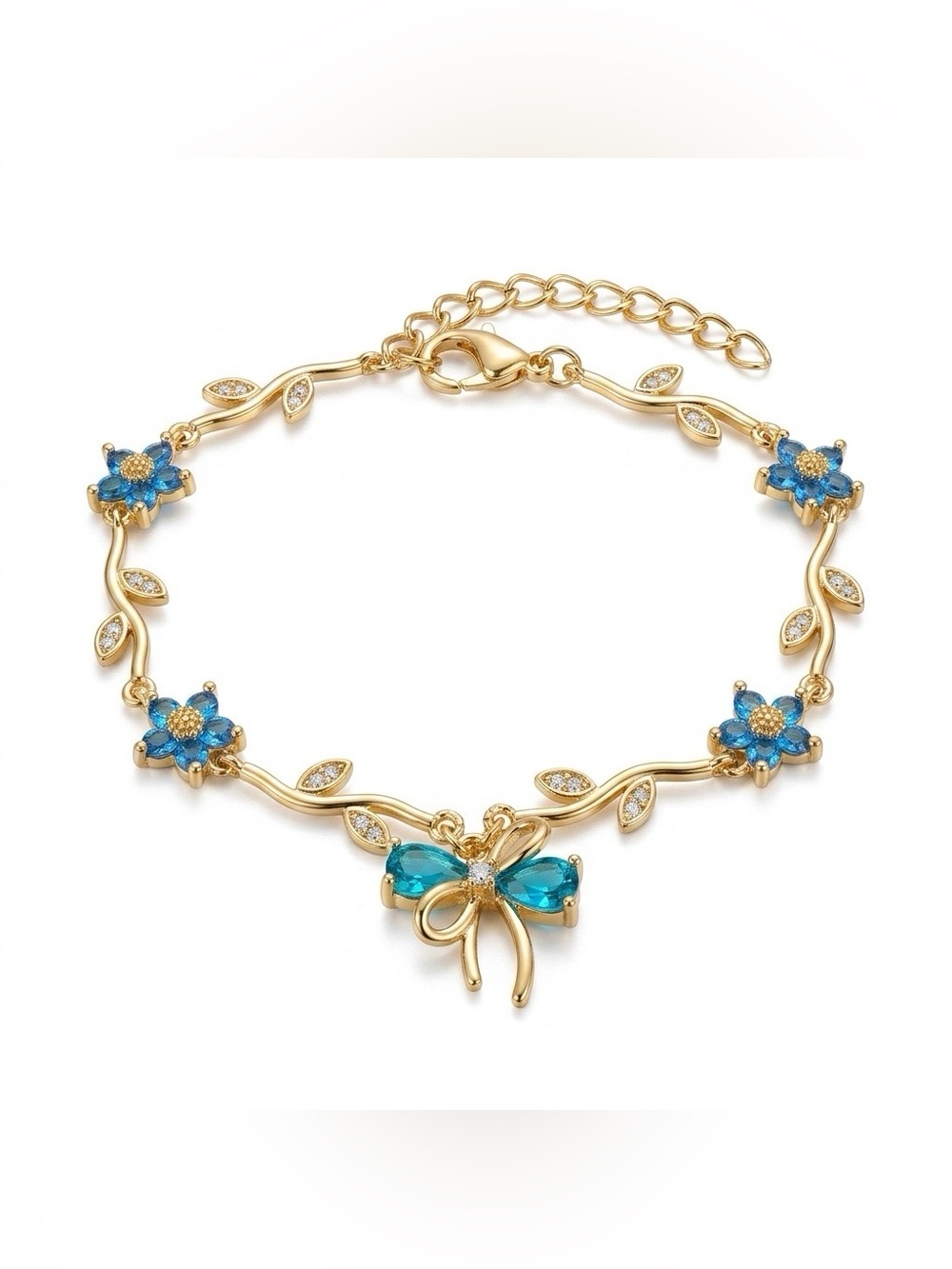 Elegant Gold Floral & Bow Charm Bracelet – Blue Crystals (Adjustable 6"-8")